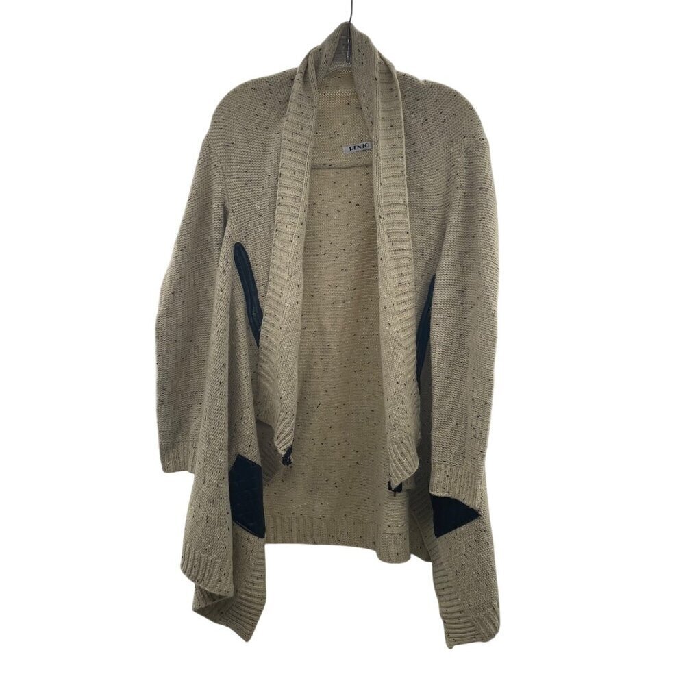 RENJO Womens Knit Cardigan Open Front Faux Leather Pockets Size Large